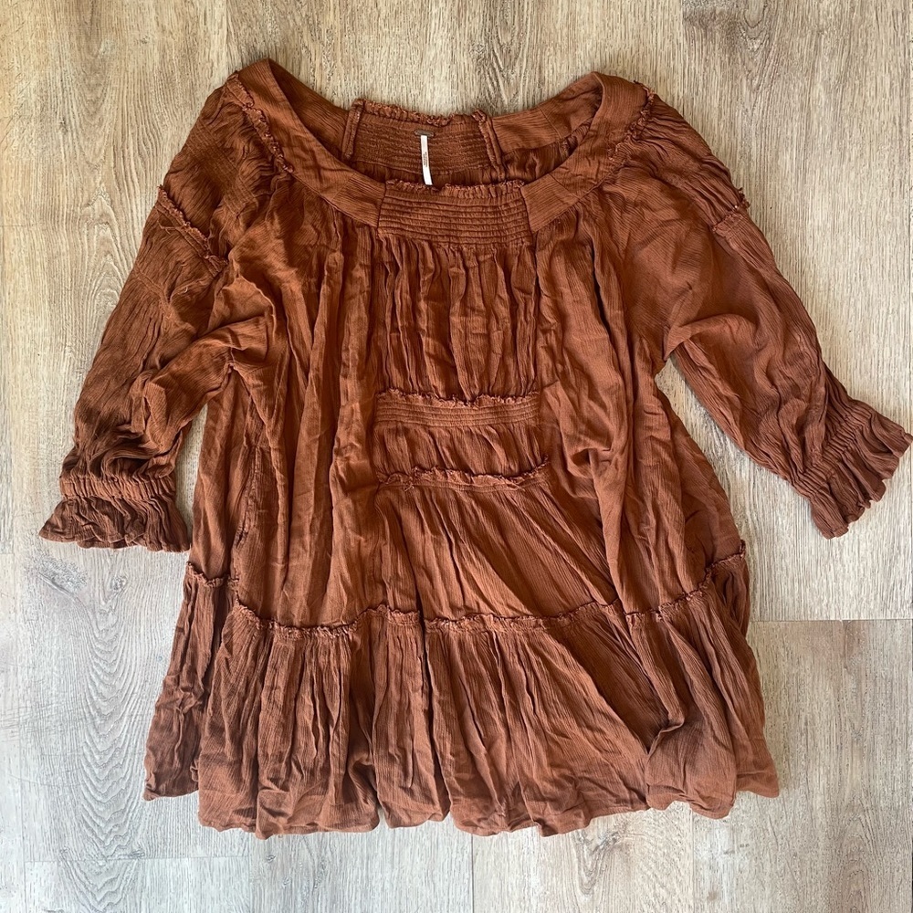 Free People Bea Mini Dress Rust Brown Boho Smocked Tiered Peasant XS Cottagecore